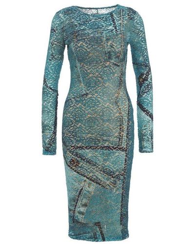 Versace Patchwork Denim Printed Laced Midi Dress - Blue