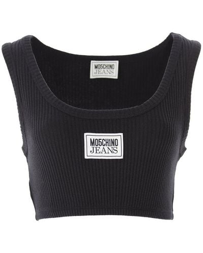 Moschino Jeans Logo Patch Ribbed Cropped Top - Black