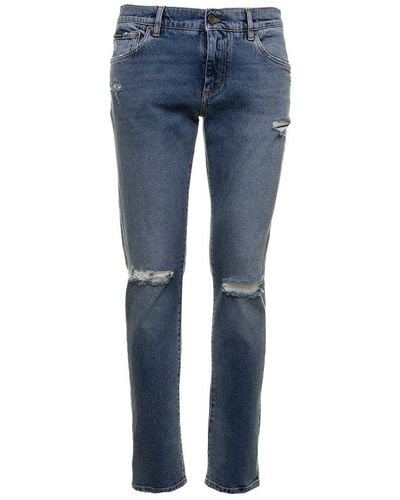 Dolce & Gabbana Distressed Logo Patch Skinny Jeans - Blue