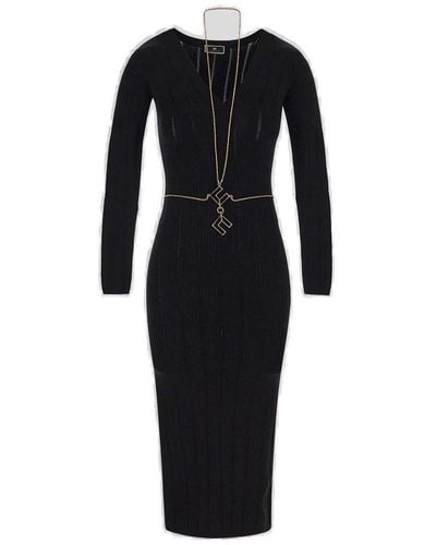 Elisabetta Franchi Knit Midi Dress With Chain - Black