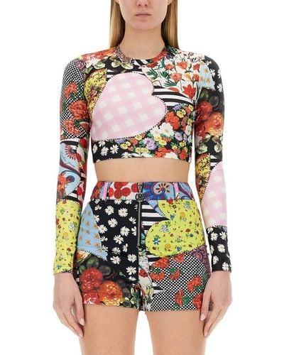 Moschino Jeans Pattern Printed Long-sleeved Cropped Top - Multicolour