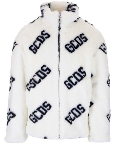 Gcds Logo Jacquard Zipped Faux Fur Jacket - Gray