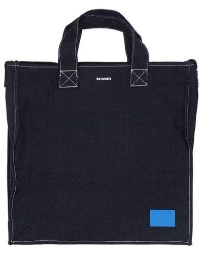 Sunnei Logo Printed Denim Tote Bag - Blue