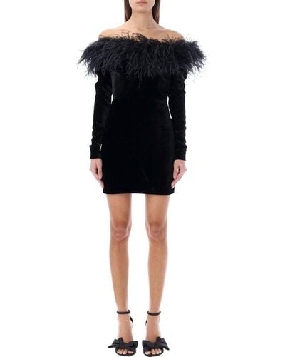 Alessandra Rich Feathers Trim Velvet Mini Dress - Black
