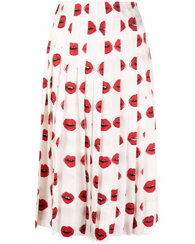 Khaite Graphic Lips Printed Pleated Midi Skirt - Red