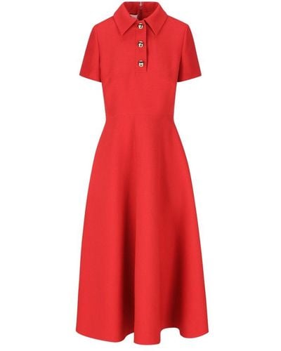 Valentino Button Detailed Short-sleeved A-line Dress - Red