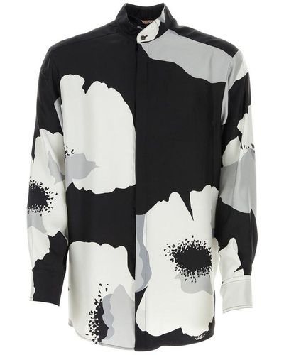 Valentino Floral Printed Curved Hem Shirt - Black
