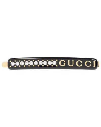 Gucci Logo Plaque Crystal Embellished Hair Clip - Black
