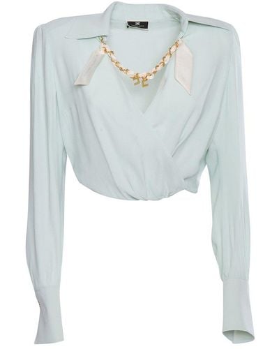 Elisabetta Franchi Long-sleeved Chain-detailed Wrapped Blouse - Blue
