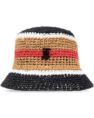 Burberry Logo Plaque Striped Woven Bucket Hat - White