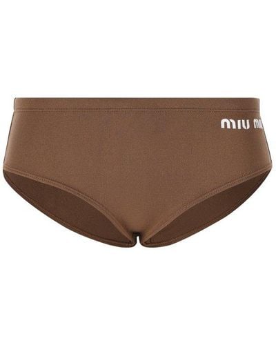 Miu Miu Logo-embroidered Stretched Bikini Bottoms - Brown