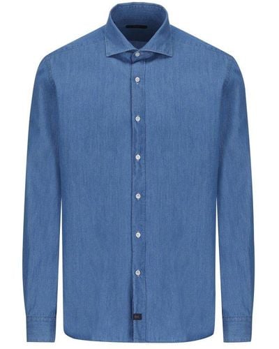Fay Long Sleeved Buttoned Denim Shirt - Blue