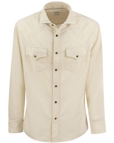 Brunello Cucinelli Garment-dyed Corduroy Leisure Fit Shirt With Press Studs, Epaulettes And Pockets - Natural