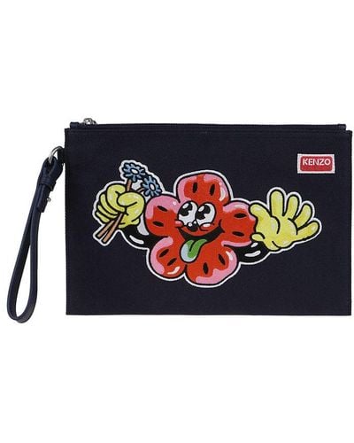KENZO Motif-embroidered Zipped Clutch Bag - Black