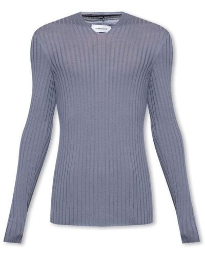 Ferragamo V-neck Ribbed-knit Stretch Sweater - Blue