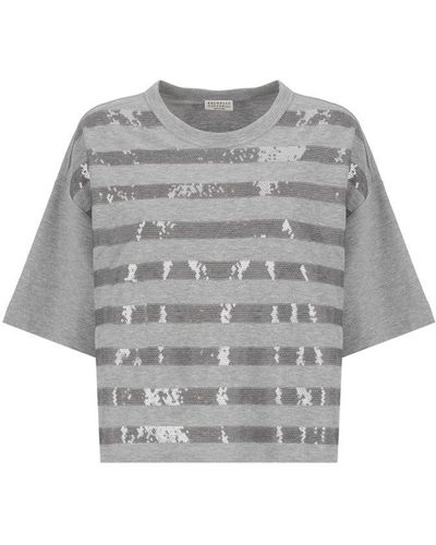 Brunello Cucinelli Embellished Cropped T-shirt - Grey