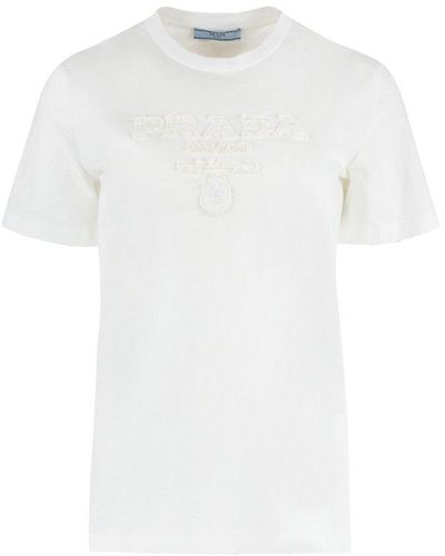 Prada Logo Embroidered Crewneck T-shirt - White