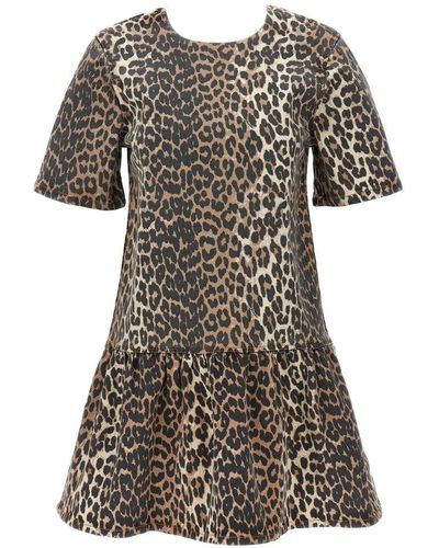 Ganni Leopard Printed Open-back Mini Denim Dress - Black