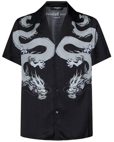 Balmain Dragon Printed Short-sleeved Satin Shirt - Black