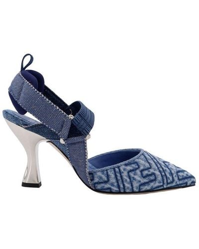 Fendi Logo Detailed Denim Slingback Court Shoes - Blue