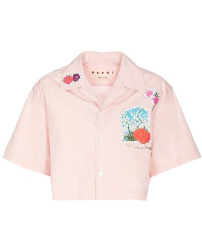 Marni Floral Printed Short Sleeved Cropped Shirt - Pink