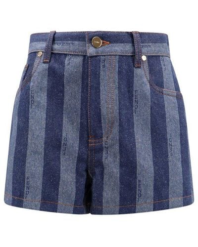 Fendi Logo Embroidered Striped Denim Shorts - Blue