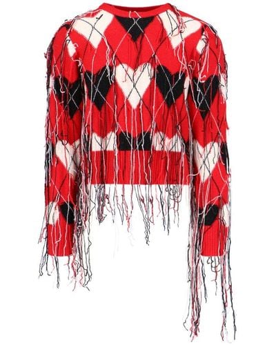 Charles Jeffrey Guddle Fringed Intarsia-knit Crewneck Sweater - Red
