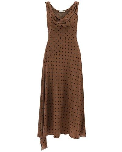 Alessandra Rich Silk Midi Dress With Draped Neckline - Brown