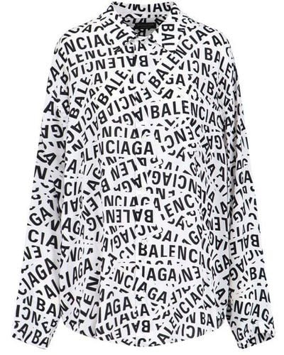 Balenciaga All-over Logo Printed Buttoned Shirt - White