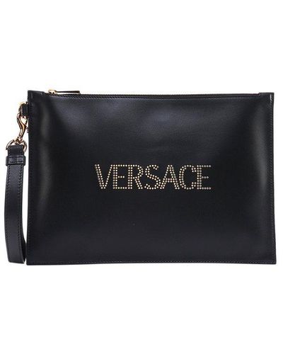 Versace Leather Closure With Zip Clutches - Black