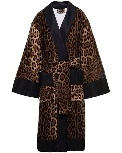 Dolce & Gabbana Multicolour Kimono Bathrobe With All-over Leopard Print In Cotton - Black