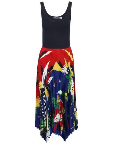 Polo Ralph Lauren Contrast Pleated-hem Woven Midi Dress - Multicolour