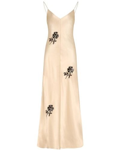 Tory Burch Long Dress With Floral Embroideries - Natural