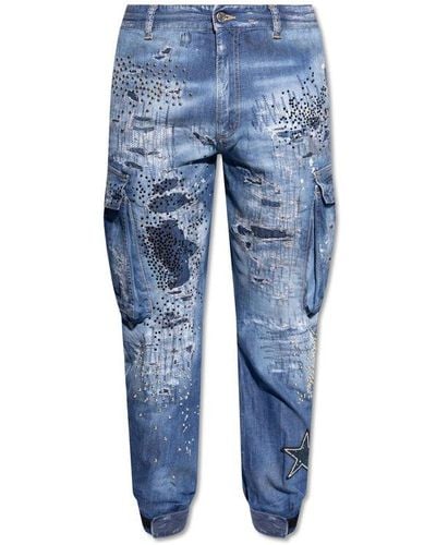 DSquared² Embellished Distressed Cargo Jeans - Blue