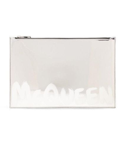 Alexander McQueen Logo Printed Zipped Clutch Bag - White