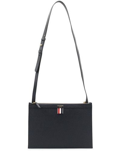 Thom Browne Logo Printed Pebbled Crossbody Bag - Black