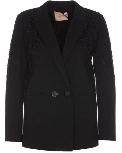 Twin Set Floral-embroidered Double-breasted Tailored Blazer - Black