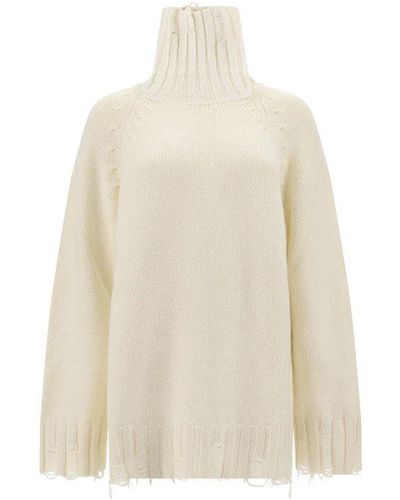 Malo Roll-neck Knitted Distressed Sweater - White