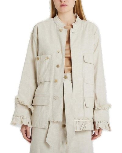 Erika Cavallini Semi Couture Mandarin Collar Ruffled Jacket - Natural