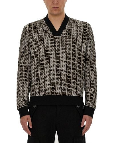Balmain V-neck Monogram Jersey Sweatshirt - Grey