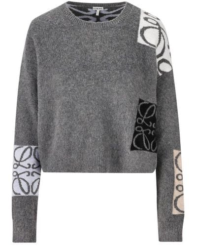 Loewe Anagram Intarsia Knit Wool Sweater - Grey