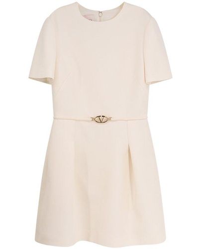 Valentino Crepe Couture Crewneck Belted Dress - Natural