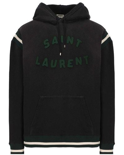 Saint Laurent Logo Cotton Jersey Hoodie - Black