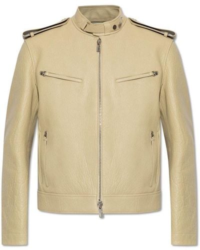Burberry Leather Jacket With Stand-Up Collar - Natural