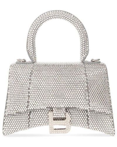 Balenciaga Hourglass Crystal Embellished Top Handle Bag - White