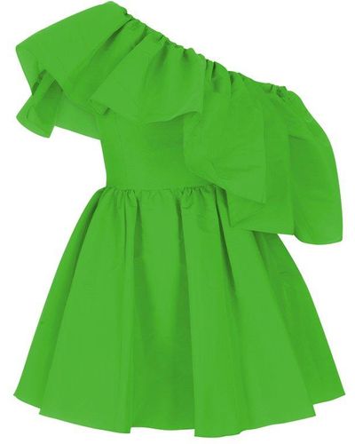 Alexander McQueen Acid Green One Shoulder Mini Dress With Ruffles