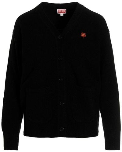 KENZO Logo-embroidered Button-up Knitted Cardigan - Black