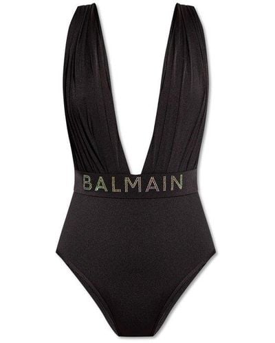 Balmain Deep V-Neck Draped One-Piece Swimsuit - Black