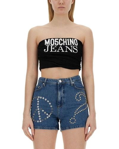 Moschino Jeans Logo Printed Strapless Cropped Top - Blue