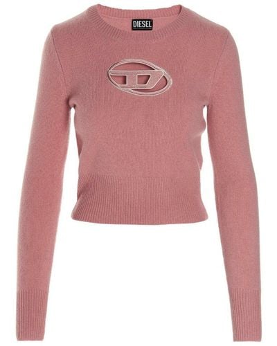 DIESEL Logo Embroidered Ribbed Cropped Sweater - Pink